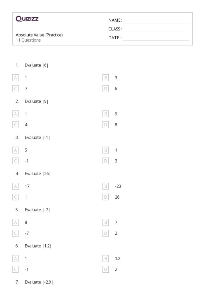 Sixth grade student solving absolute value problems on a math worksheet with number line examples
