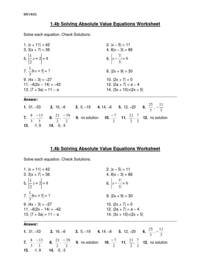 Sixth grade math worksheet showing problems for finding absolute value of positive and negative fractions and decimals
