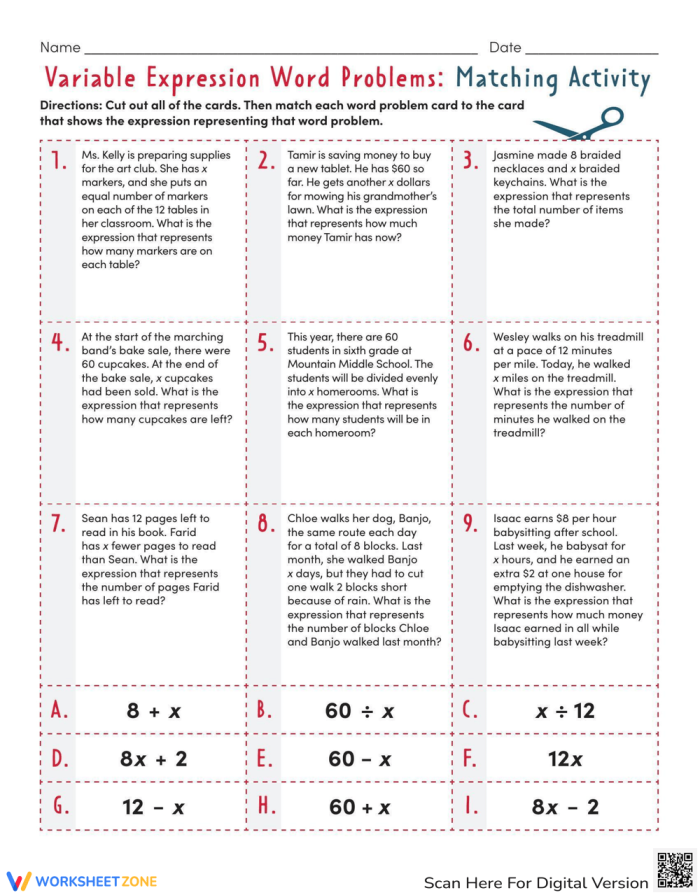 Variable Expression Word Problems Matching Activity for Grade 6 Sixth grade students matching word problems to variable expressions in a mixed operations algebra activity
