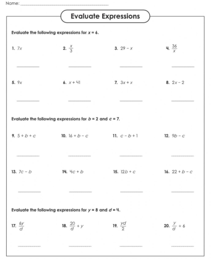 Sixth grade student working through algebra problems converting words to variable expressions with one operation