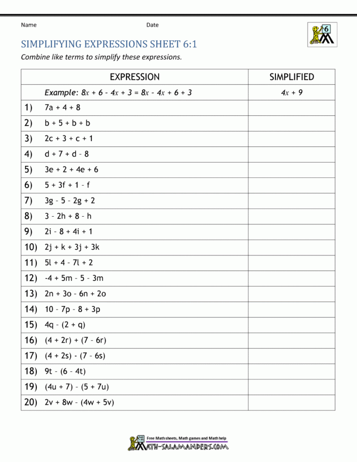 Sixth grade student working through algebra problems on a writing variable expressions worksheet with one operation