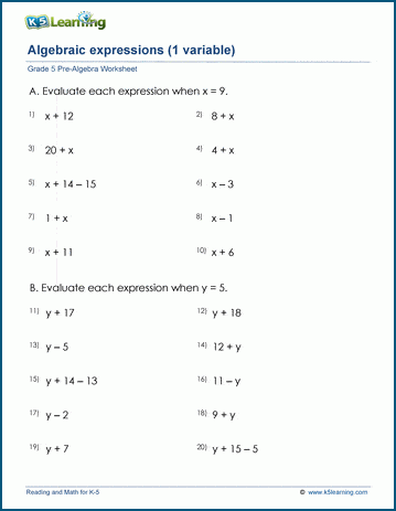 Sixth grade student working through variable expression problems on an algebra practice worksheet
