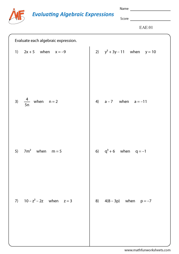 Sixth grade student solving an Evaluating Algebraic Expressions worksheet with variables and order of operations