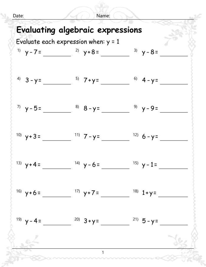 Introduction to Algebraic Expressions Practice Sheet for Middle School Math Sixth grade students solving algebraic expressions with order of operations and like terms practice problems