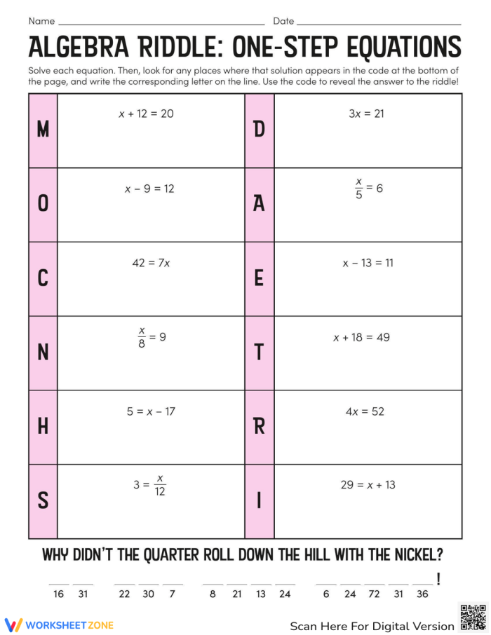 Sixth grade student working on a math riddle worksheet featuring one-step algebraic equations