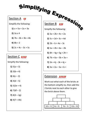 Sixth grade math worksheet showing steps to simplify algebraic expressions with multiplication