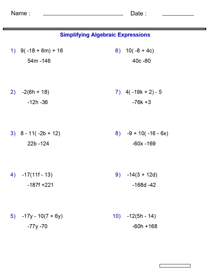 Sixth grade math worksheet explaining step by step multiplication to simplify algebraic expressions 5