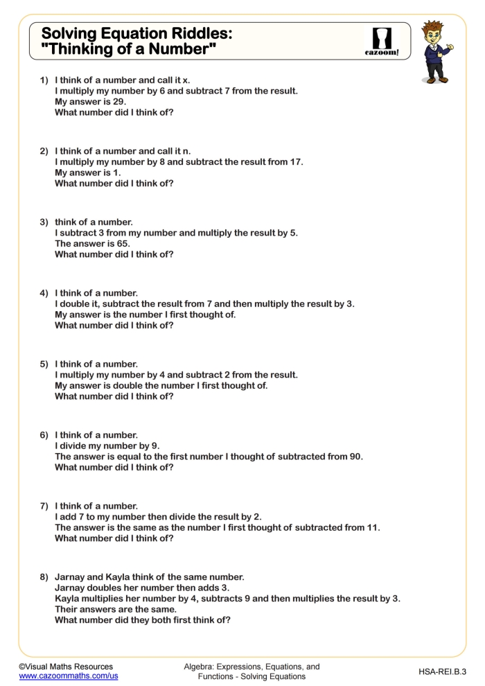 Algebra riddle worksheet featuring one-step equations for sixth graders