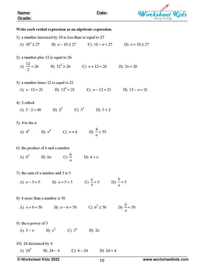 Writing Variable Expressions Two Operations Math Worksheet 19 Sixth grade algebra worksheet for practicing writing variable expressions with two operations