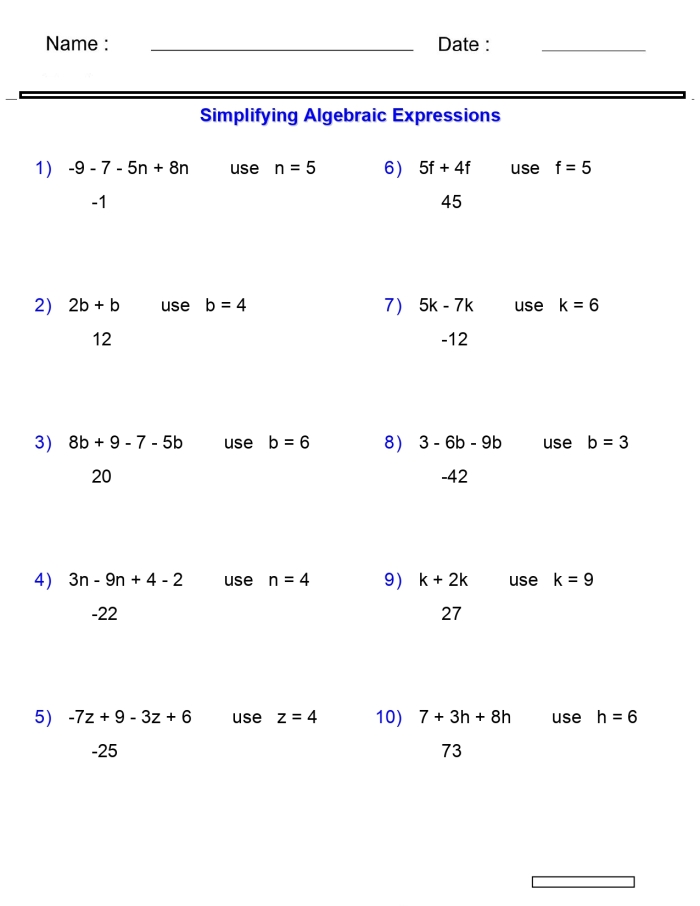 Writing Variable Expressions: Two Operations Worksheet for Grade 6 Worksheet for practicing variable expressions with two operations for sixth graders