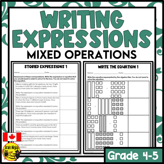 Sixth grade math worksheet for writing algebraic expressions with variables