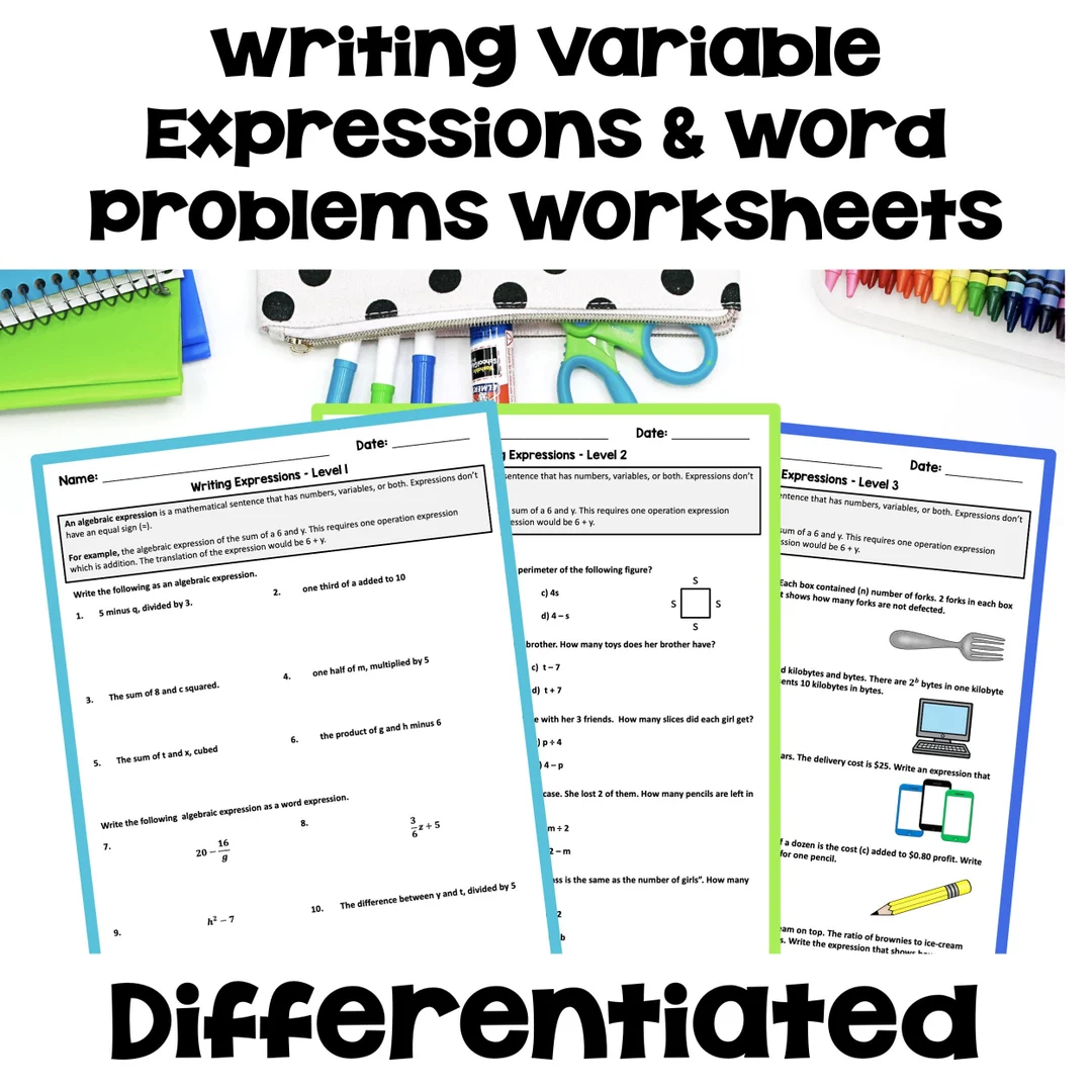 Choose Variable Expressions To Model Word Problems Worksheet 18 Sixth grade algebra worksheet for translating word problems into variable expressions