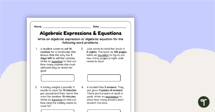 Worksheet for transforming verbal statements into algebraic expressions for sixth graders