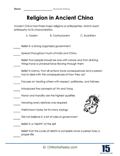 Ancient China worksheet highlighting the first four dynasties and their key achievements