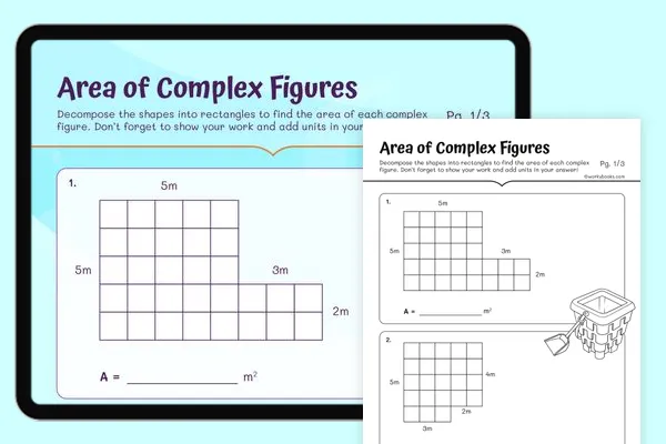 Sixth grade math worksheet showing examples of decomposing polygons into smaller shapes to calculate total area