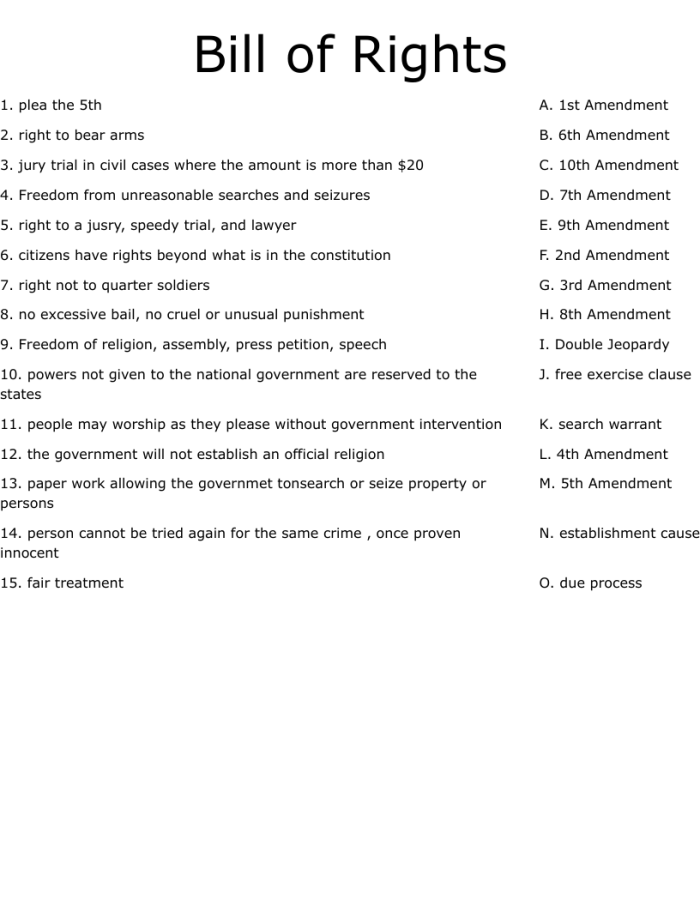 A sixth grade student worksheet featuring the Bill of Rights Amendments 6 through 10 for summarization practice