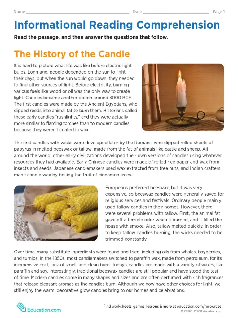 Sixth grade reading comprehension worksheet about the history of candles featuring educational text and historical facts