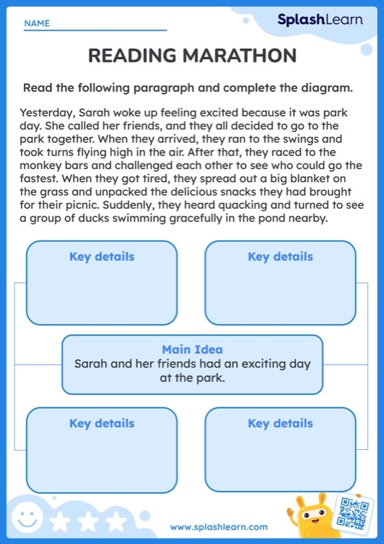 Sixth grade reading worksheet featuring a graphic organizer for identifying central ideas and key details 21