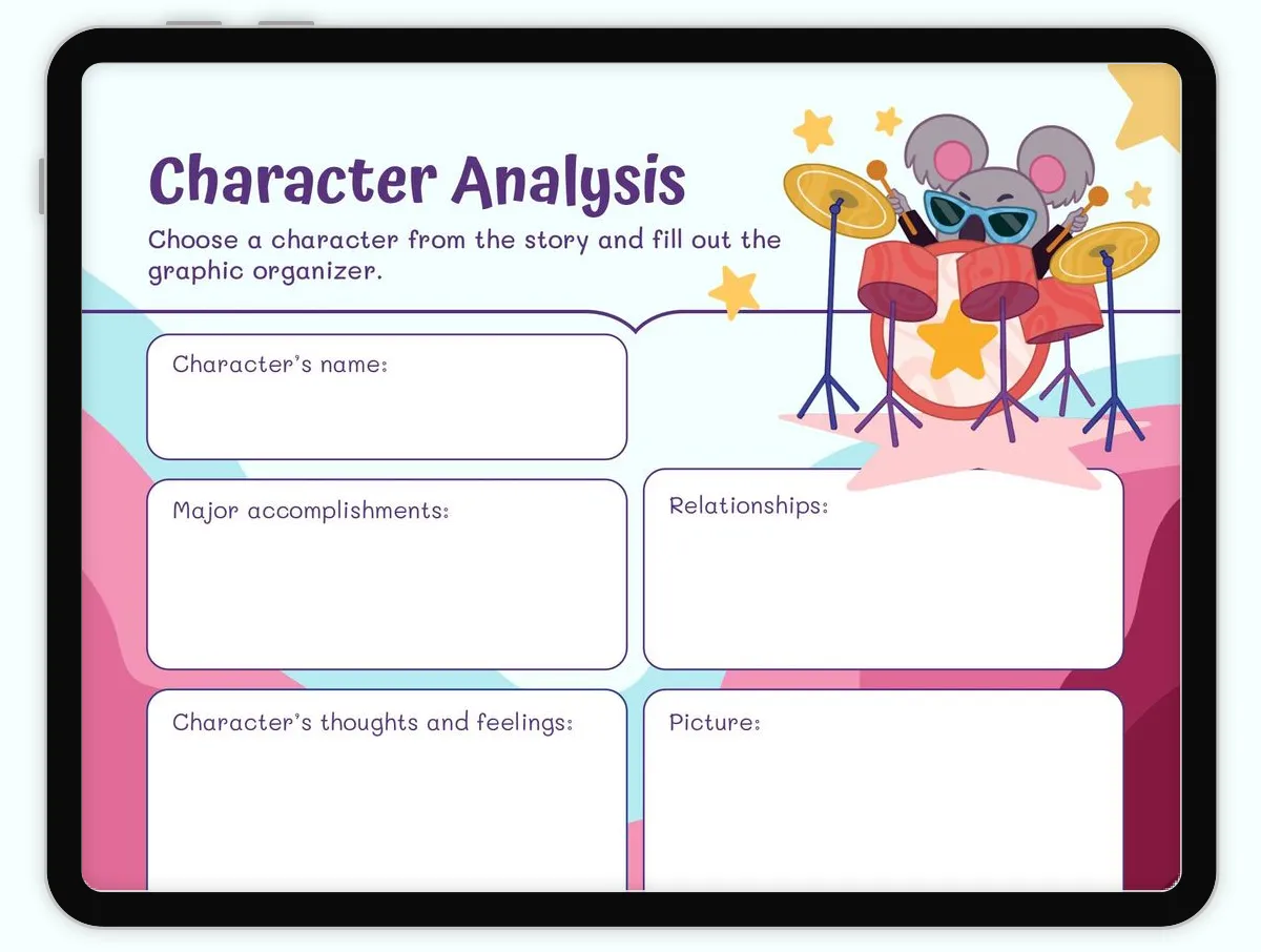 Sixth grade character analysis graphic organizer worksheet for literature studies