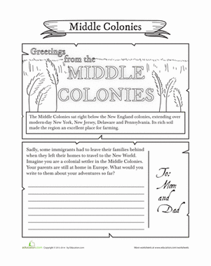 Worksheet illustrating the characteristics of the three regions of the American Colonies for sixth graders