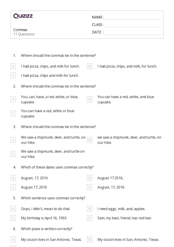 Sixth grade French grammar worksheet showing examples of restrictive and nonrestrictive clauses with comma placement exercises