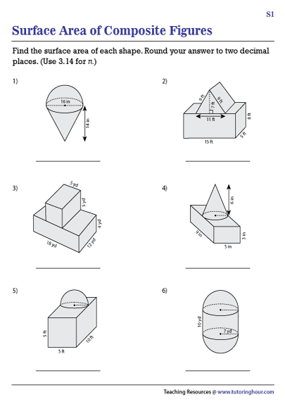Worksheet for calculating the area of compound figures for sixth graders
