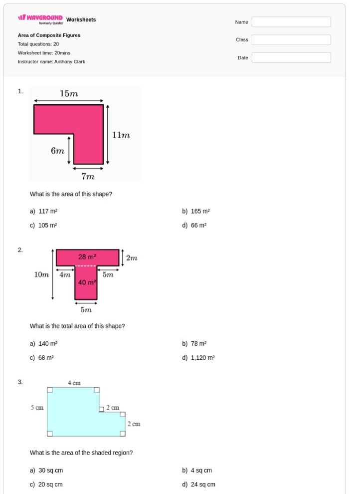 Worksheet featuring compound figures for area calculation practice in sixth grade