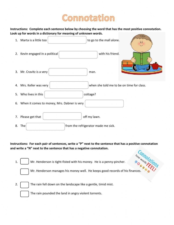 Sixth grade worksheet focused on identifying connotation and nuanced word choice in sentences