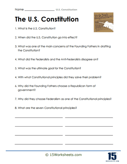 Students exploring the guiding principles of the U.S. Constitution in a worksheet