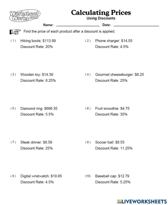 Sixth grade math worksheet explaining how to calculate discounts using decimals and percentages