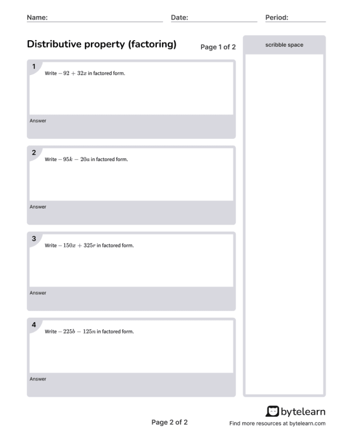 Sixth grade student working through factor using the distributive property math problems on a worksheet