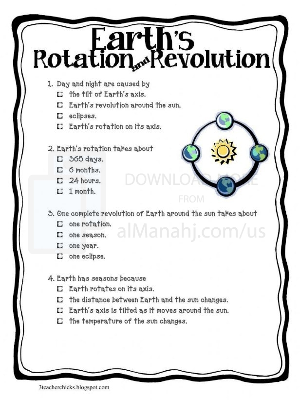 Sixth grade science worksheet covering the mechanics of Earth rotation and revolution