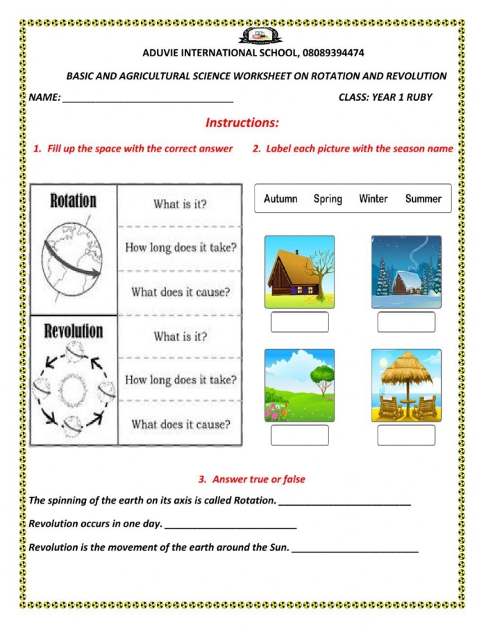 Sixth grade science worksheet focused on Earth’s rotation and revolution cycles