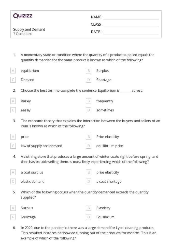 Economics worksheet image illustrating price changes due to shortages and surpluses Shortage, Surplus, and Prices worksheet for sixth graders exploring economic concepts