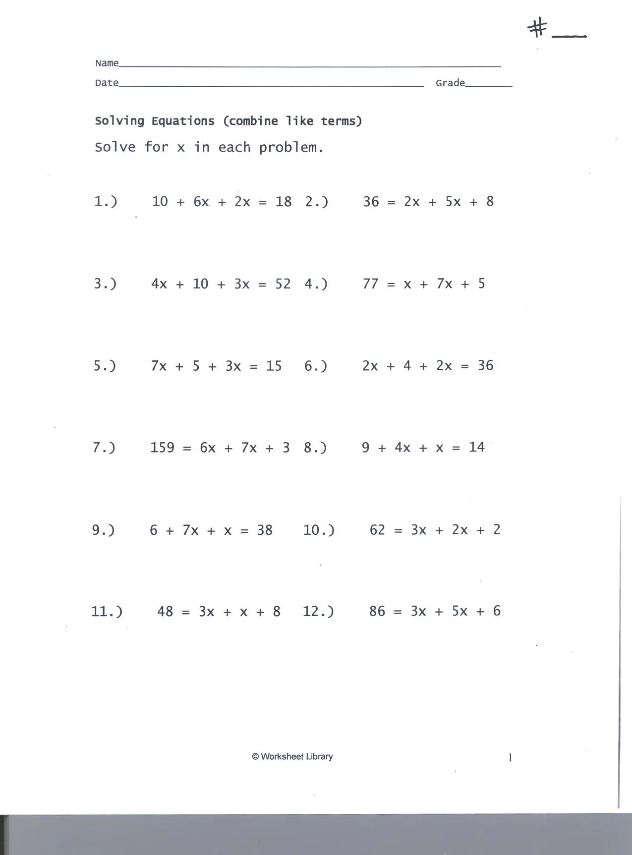 Sixth grade student solving one-variable equations on a math worksheet with pencil