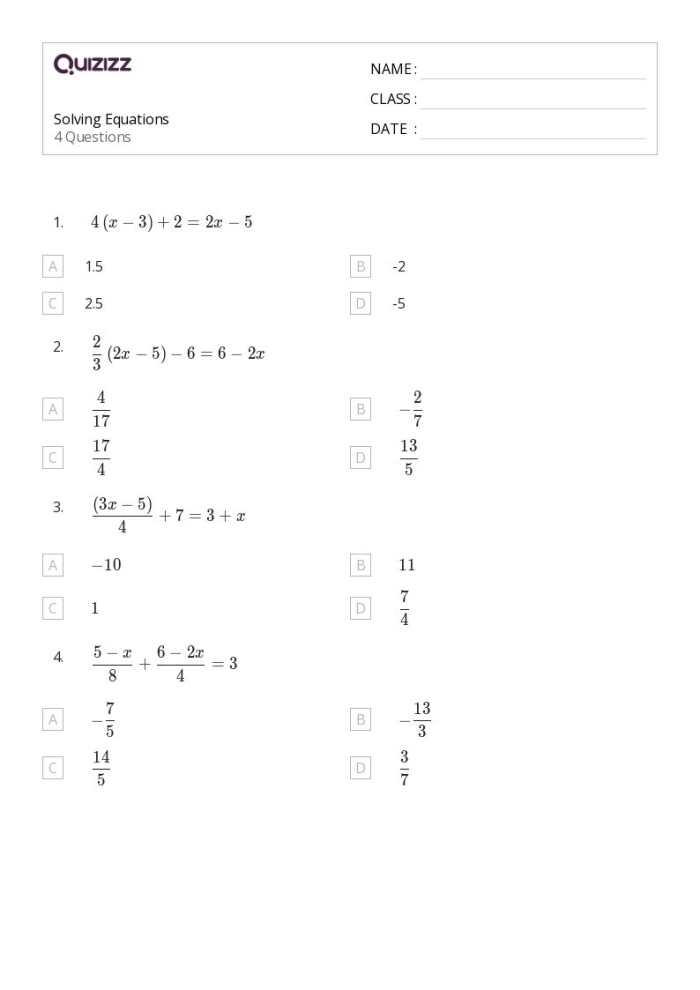 Sixth grade math worksheet showing examples of how to find solutions to one-variable equations