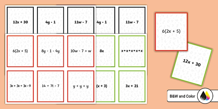 Worksheet featuring a matching activity for finding equivalent expressions in a sixth-grade math context