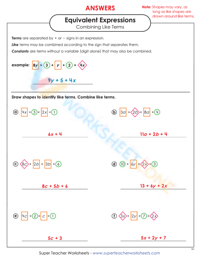 Worksheet for sixth graders focused on writing equivalent expressions through addition and multiplication properties