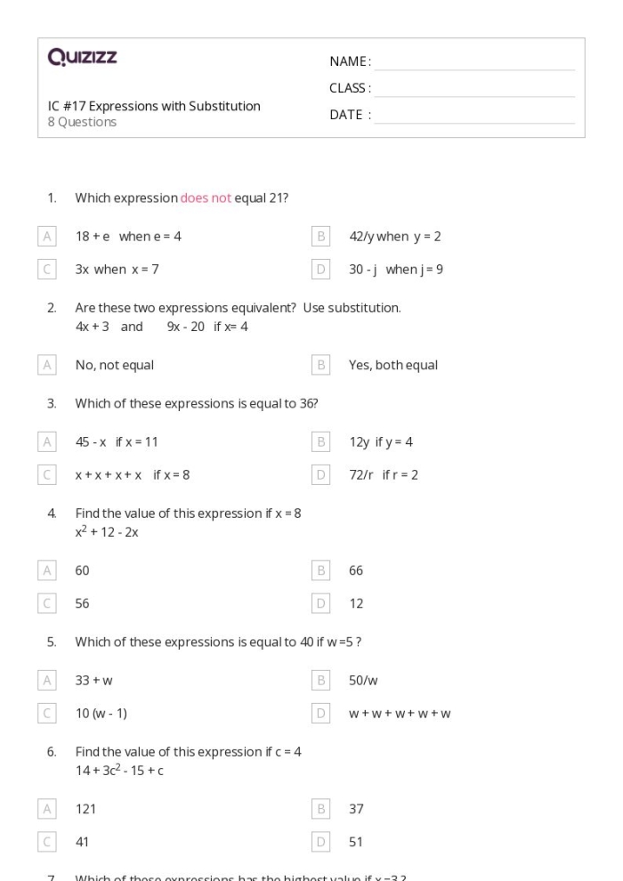 Sixth grade student completing a worksheet on writing equivalent algebraic expressions using addition and multiplication properties