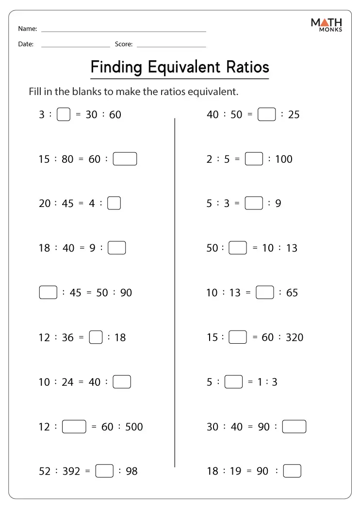 Sixth grade math student completing an equivalent ratios practice worksheet