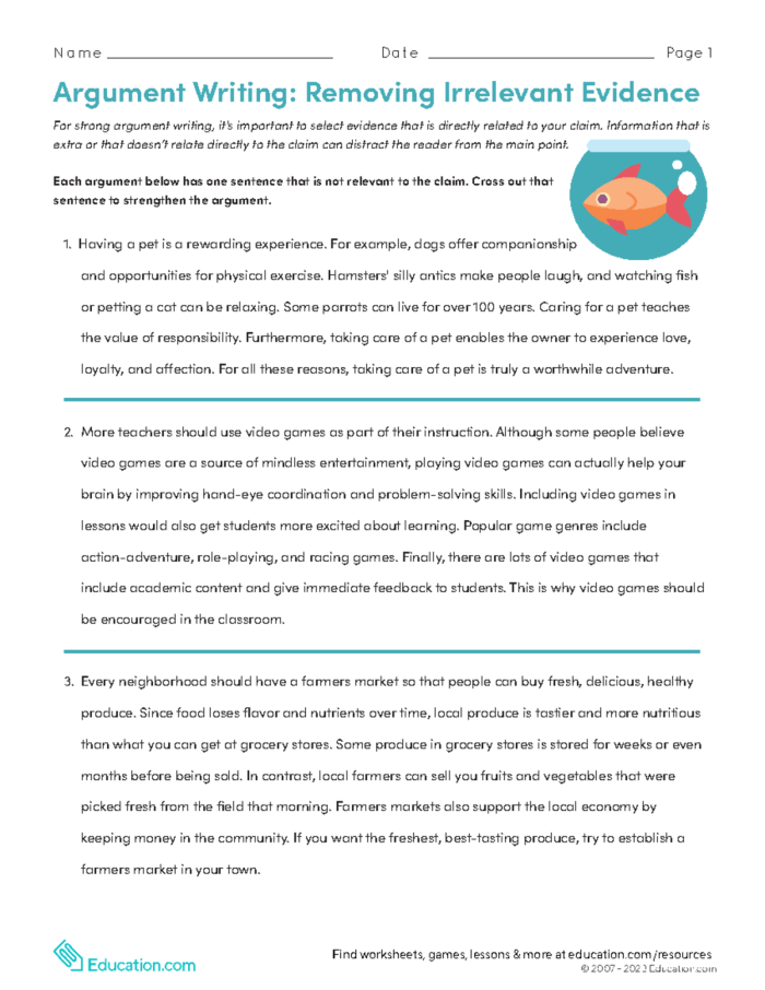 Sixth grade student worksheet focusing on identifying and deleting irrelevant evidence in argument writing