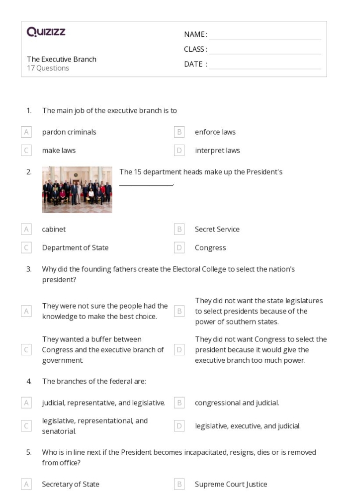 Graphic organizer for researching the executive branch of the federal government Executive Branch worksheet designed for sixth-grade social studies students