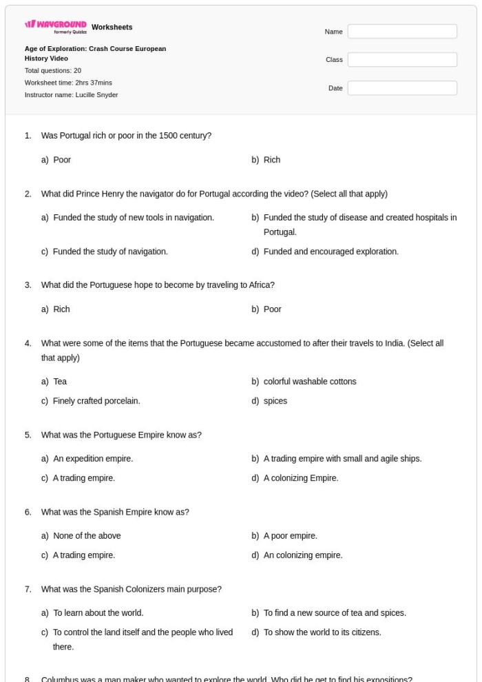 Age of European Exploration Name That Explorer worksheet for sixth grade students featuring historical explorer identification activities