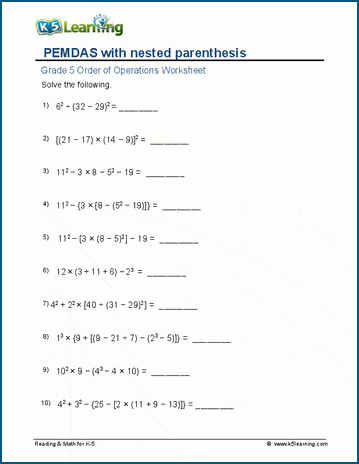 Worksheet for sixth graders on evaluating expressions using order of operations and exponents