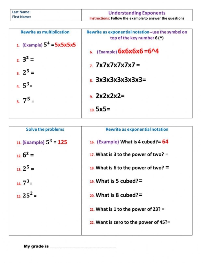 Worksheet featuring key terms related to exponents for sixth-grade students. Introduction to Exponents: Understanding Key Terms worksheet for educational use.