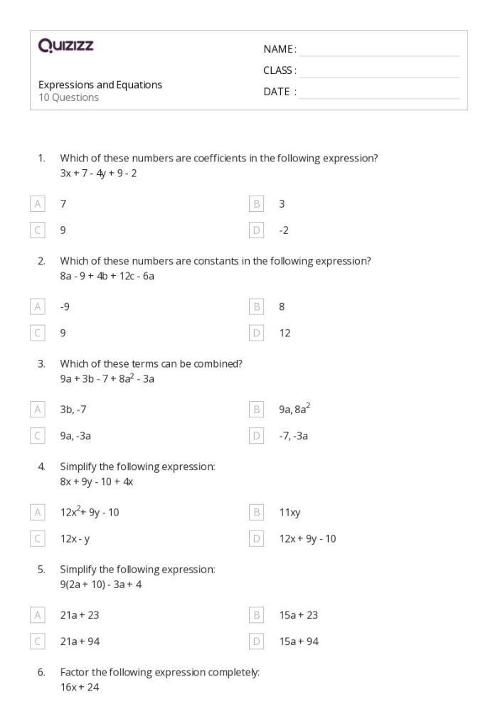 Algebra worksheet showing examples of mathematical expressions and equations for middle school learners Sixth-grade student solving expression versus equation problems on an algebra worksheet