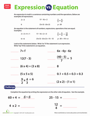Comparing Mathematical Expressions and Equations Worksheet for 6th Grade Sixth grade algebra worksheet focusing on identifying differences between expressions and equations