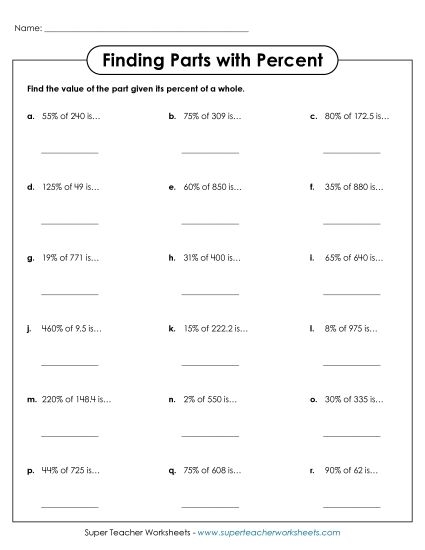 A sixth grade math worksheet showing problems about finding the whole number when given a percent and part of the total