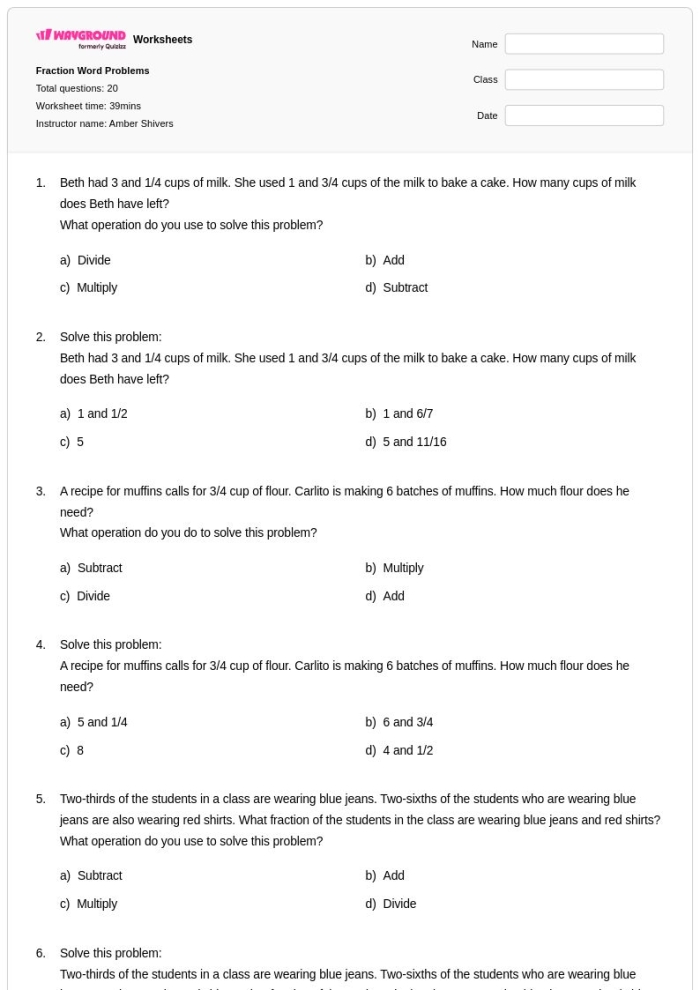 Worksheet featuring word problems on dividing fractions for sixth graders