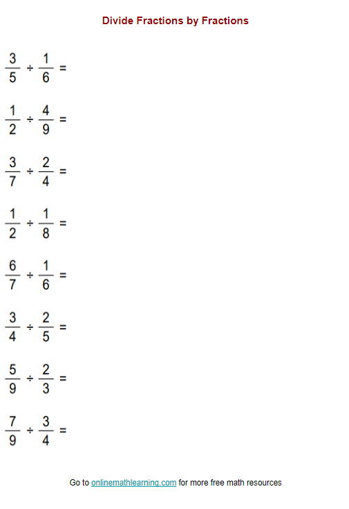 Sixth grade student solving dividing fractions by fractions math problems on a worksheet with rhyming number twenty